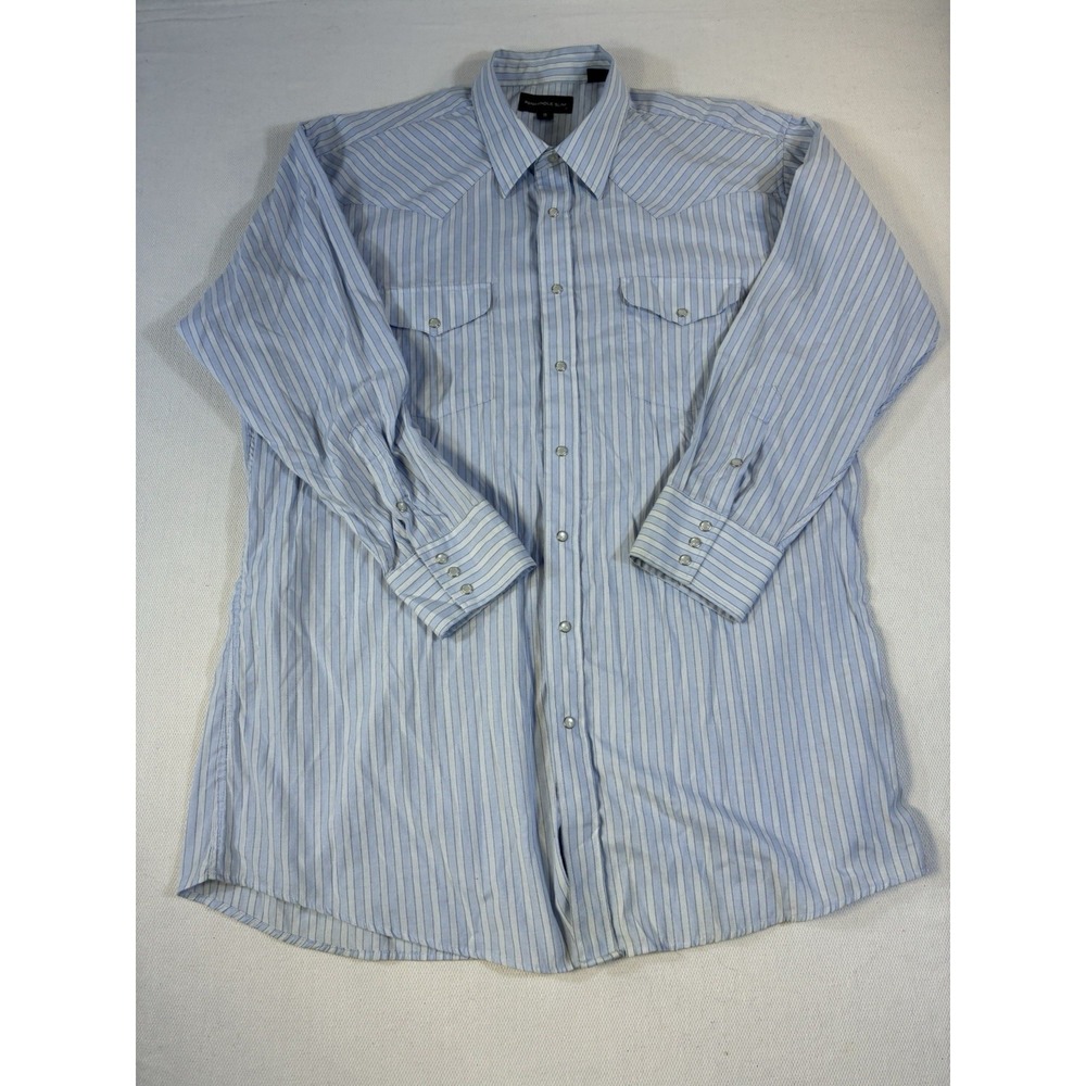 Vintage Panhandle Slim Western Shirt Mens 18 35 Blue White Striped Pearl Snap